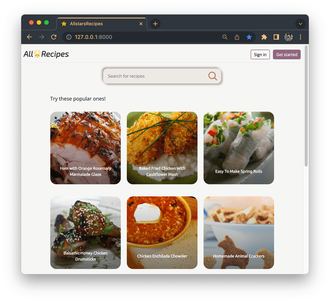 Home page of the Allstars Recipe App