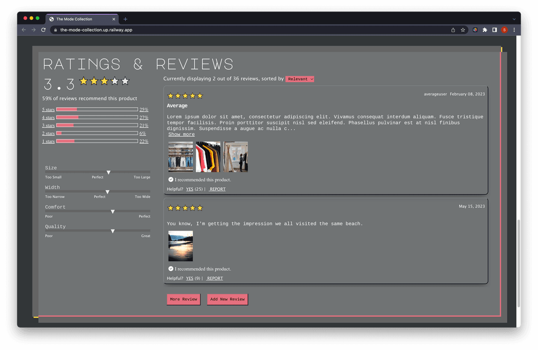 Ratings & Review section of The Mode Collection